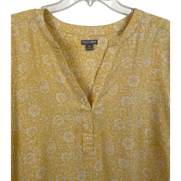Falls Creek Womens Size 2X Yellow & White Floral Print Linen Blend Shirt - Picture 3 of 10